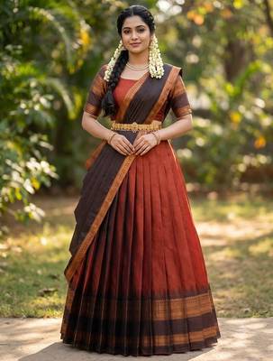 South Indian Style Semi-Stitched Half Saree with Blouse and Dupatta 1