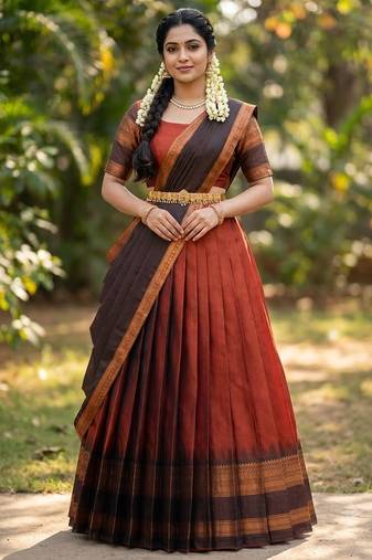 South Indian Style Semi-Stitched Half Saree with Blouse and Dupatta