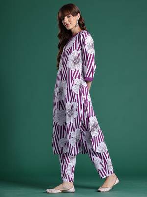 Purple printed cotton kurta trouser set 3