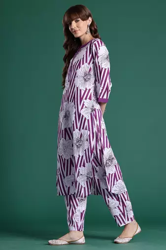 Purple printed cotton kurta trouser set