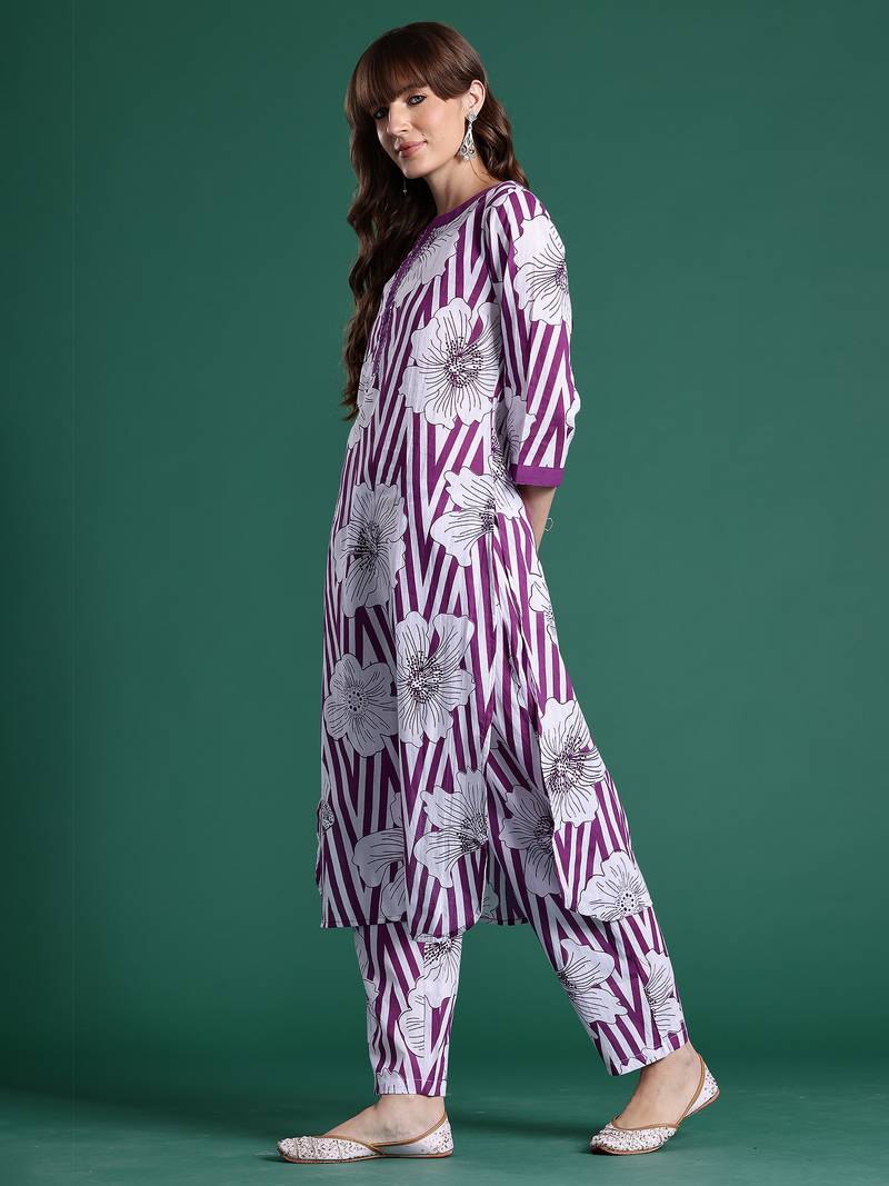 Purple printed cotton kurta trouser set
