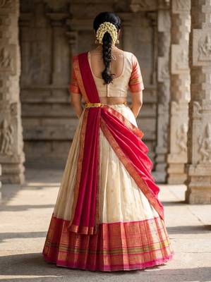 South Indian Style Semi-Stitched Half Saree with Blouse and Dupatta 2