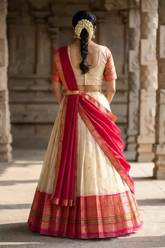 South Indian Style Semi-Stitched Half Saree with Blouse and Dupatta