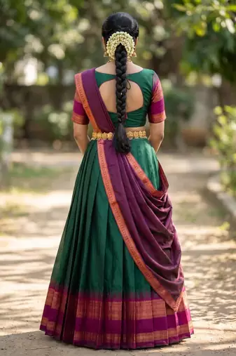 South Indian Style Semi-Stitched Half Saree with Blouse and Dupatta