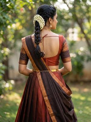 South Indian Style Semi-Stitched Half Saree with Blouse and Dupatta 2