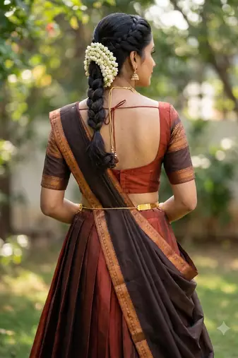 South Indian Style Semi-Stitched Half Saree with Blouse and Dupatta