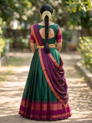 South Indian Style Semi-Stitched Half Saree with Blouse and Dupatta 3
