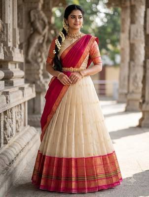 South Indian Style Semi-Stitched Half Saree with Blouse and Dupatta 3