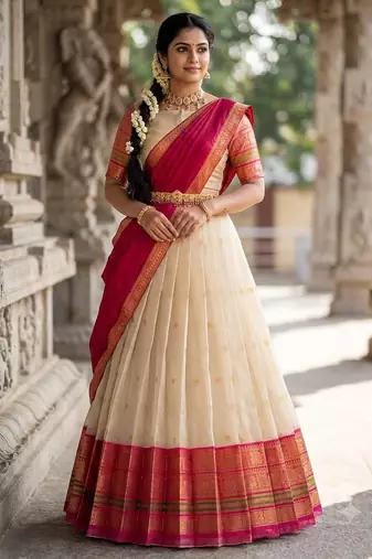 South Indian Style Semi-Stitched Half Saree with Blouse and Dupatta