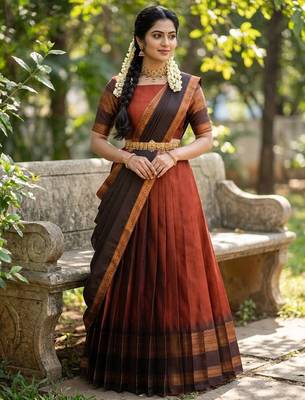 South Indian Style Semi-Stitched Half Saree with Blouse and Dupatta 3