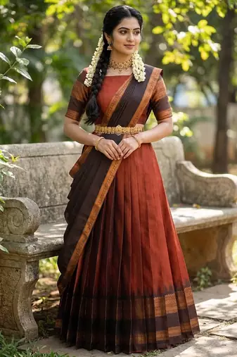 South Indian Style Semi-Stitched Half Saree with Blouse and Dupatta