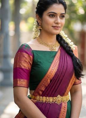 South Indian Style Semi-Stitched Half Saree with Blouse and Dupatta 4
