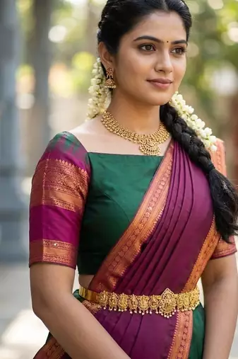 South Indian Style Semi-Stitched Half Saree with Blouse and Dupatta
