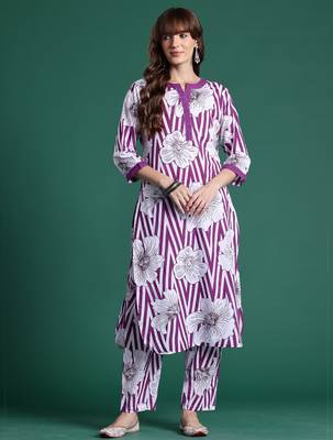 Purple printed cotton kurta trouser set 4