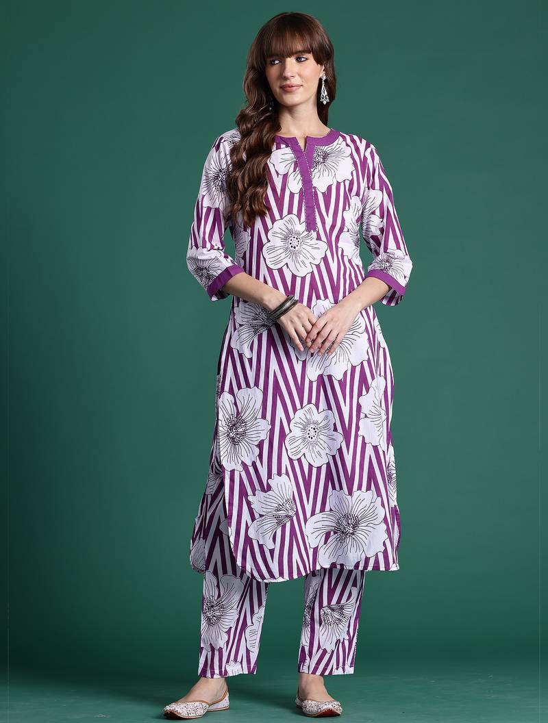 Purple printed cotton kurta trouser set