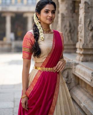 South Indian Style Semi-Stitched Half Saree with Blouse and Dupatta 4
