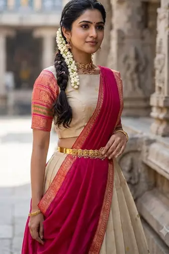 South Indian Style Semi-Stitched Half Saree with Blouse and Dupatta