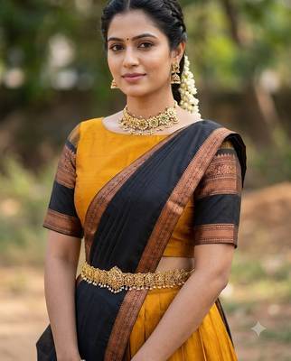 South Indian Style Semi-Stitched Half Saree with Blouse and Dupatta 4