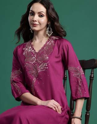 Burgundy printed viscose rayon kurta trouser set 2