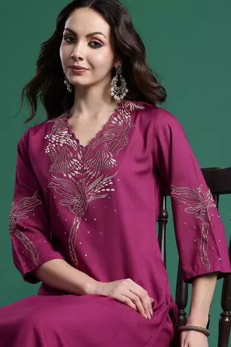Burgundy printed viscose rayon kurta trouser set