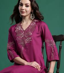 Burgundy printed viscose rayon kurta trouser set