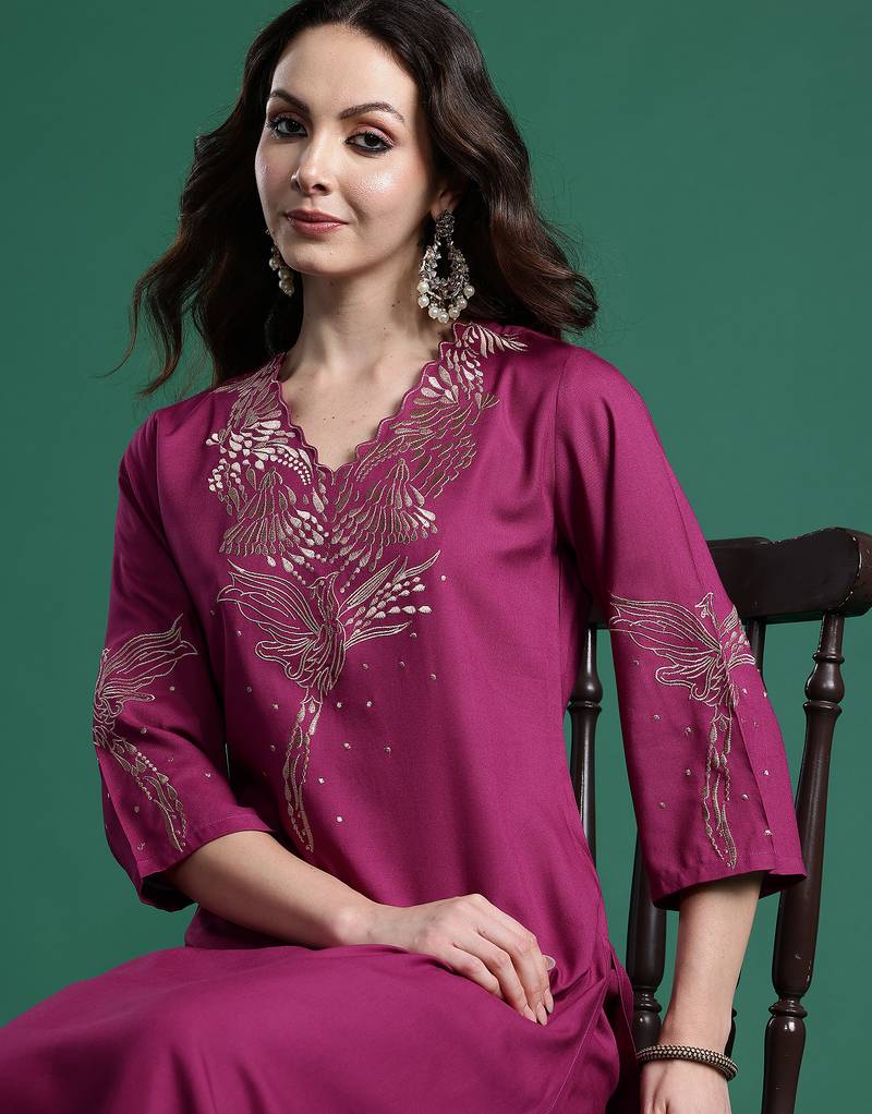 Burgundy printed viscose rayon kurta trouser set