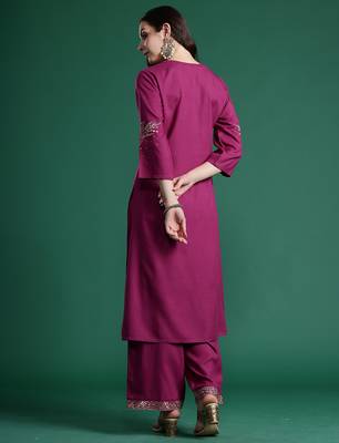 Burgundy printed viscose rayon kurta trouser set 3