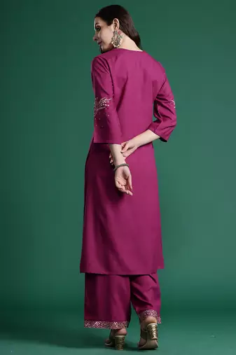 Burgundy printed viscose rayon kurta trouser set