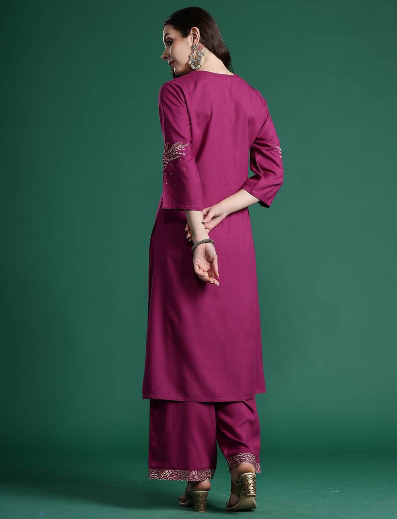 Burgundy printed viscose rayon kurta trouser set
