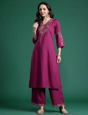 Burgundy printed viscose rayon kurta trouser set 1