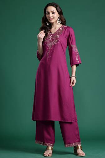 Burgundy printed viscose rayon kurta trouser set
