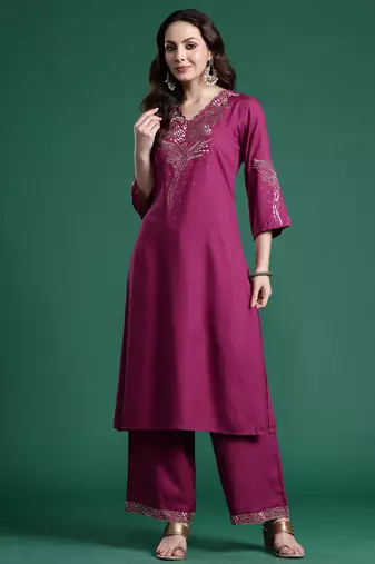 Burgundy printed viscose rayon kurta trouser set