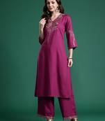 Burgundy printed viscose rayon kurta trouser set