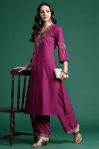 Burgundy printed viscose rayon kurta trouser set