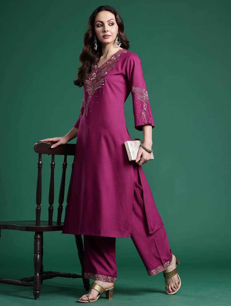 Burgundy printed viscose rayon kurta trouser set