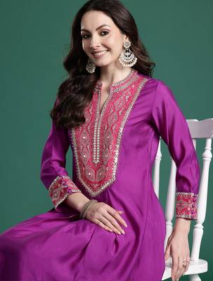 Purple embroidered silk kurta trouser set 1