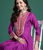 Purple embroidered silk kurta trouser set