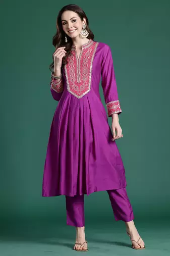 Purple embroidered silk kurta trouser set