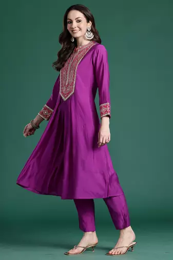 Purple embroidered silk kurta trouser set
