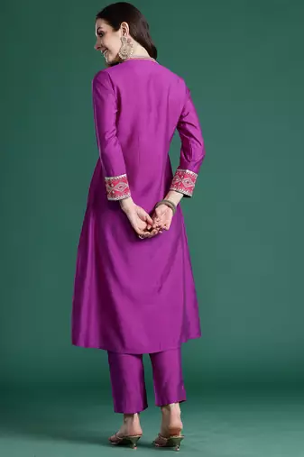 Purple embroidered silk kurta trouser set