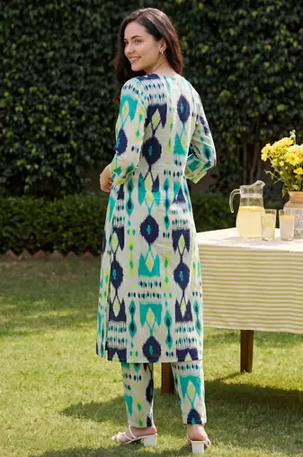 White printed cotton kurta trouser set