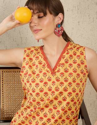 Mustard printed cotton kurta trouser set 2