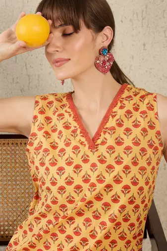 Mustard printed cotton kurta trouser set
