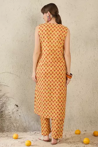 Mustard printed cotton kurta trouser set