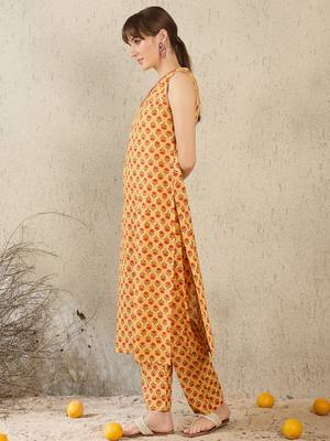 Mustard printed cotton kurta trouser set 4