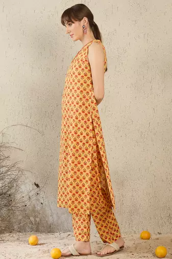 Mustard printed cotton kurta trouser set