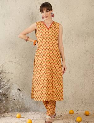 Mustard printed cotton kurta trouser set 1