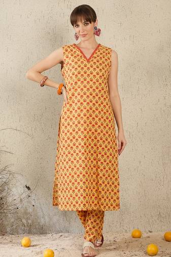 Mustard printed cotton kurta trouser set