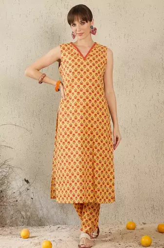 Mustard printed cotton kurta trouser set