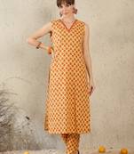 Mustard printed cotton kurta trouser set